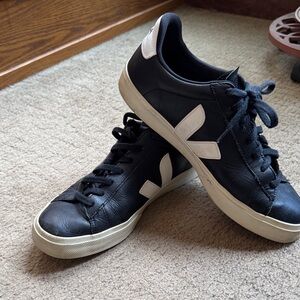 Veja Black Leather Sneakers with White V Logo